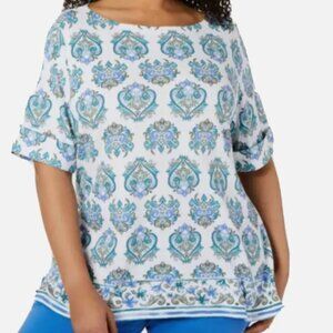 Karen Scott Printed Boat-Neck Elbow-Sleeve Top